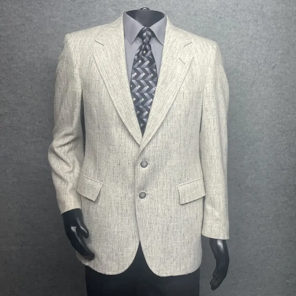 Vintage Evan Picone Tweed Blazer Jacket Cream Grey Size 41R Classic Preppy